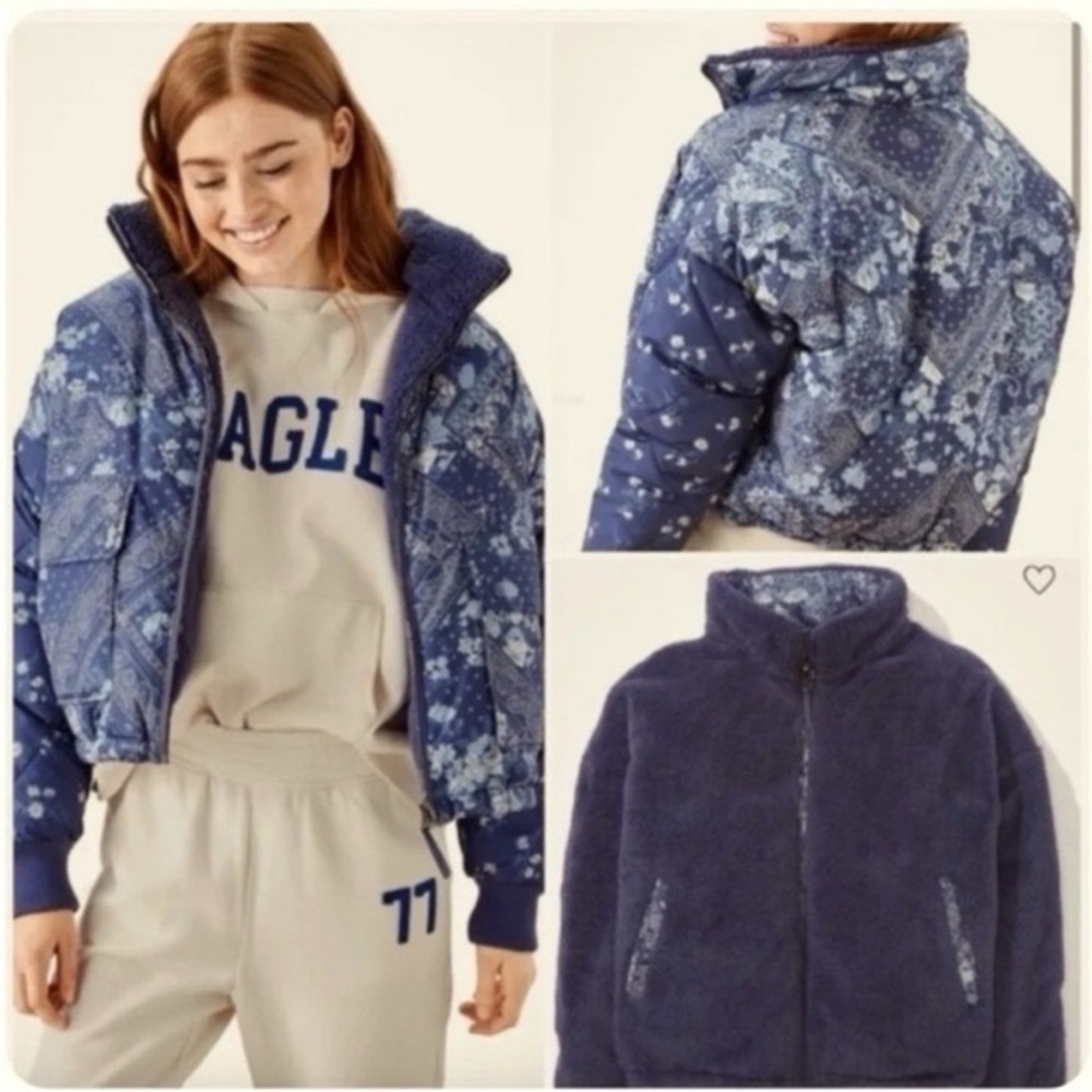 American Eagle coat Puffer Jacket Blue Floral Patchwork‎ reversible XL AEO boho